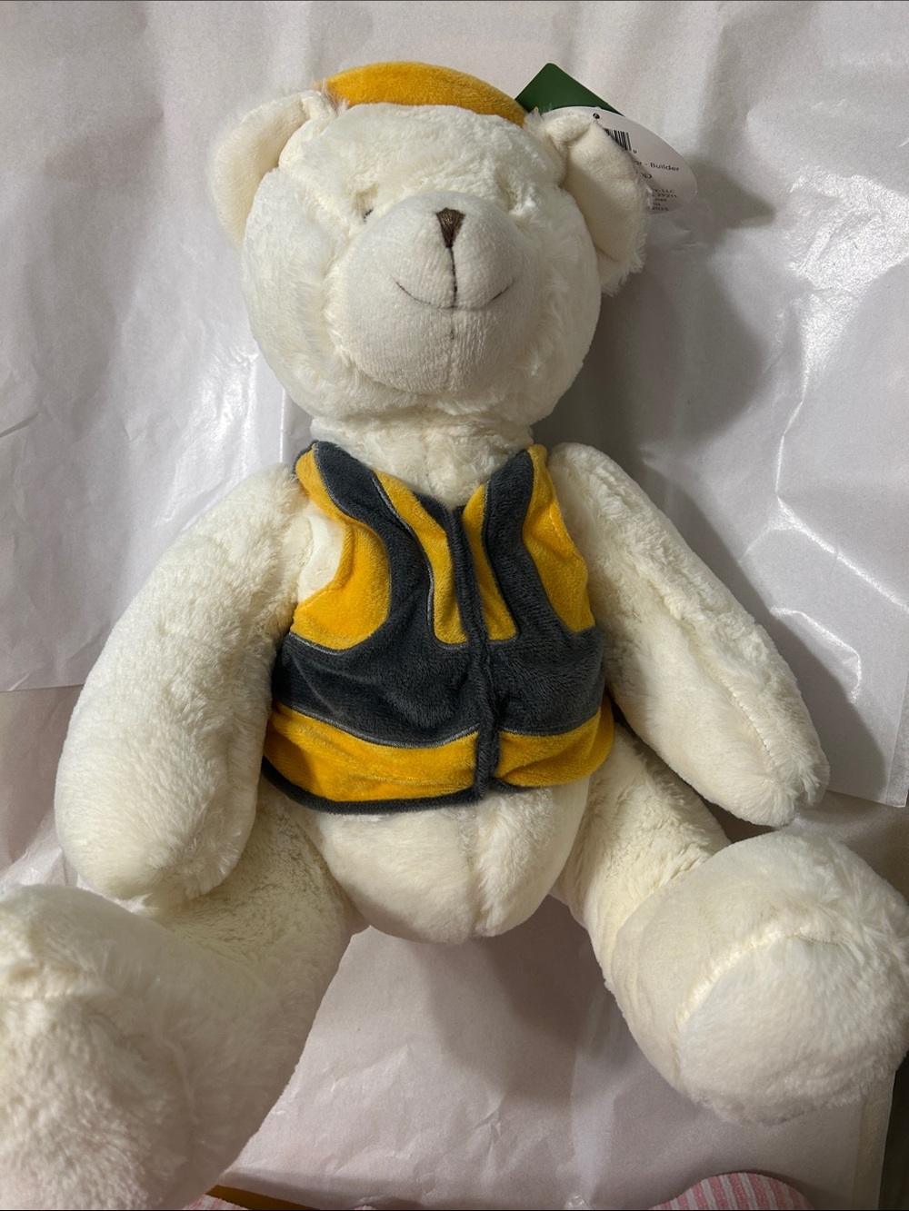 Plush John Deere White Bear with Yellow and Gray Safety Vest - Kids Toy